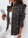 New Slim-fit Cardigan Street Plaid Print Suit Casual Lapel Elegant Coat Ruffled Long-sleeved Zipper Jacket