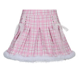 Women Winter Warm Fleece Mini Pleated Skirt Lace High Waist Pink Blue Plaid Skater Sweet Cute Lolita Costume Skirts Lady Girls