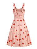 Vintage Cherry Print Vintage Summer Tank Dresses Women Ruched Bust High Waist Beach Vacation Midi Dress