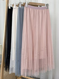 Women Fashion Faux Pearl Beaded Tulle Pleated Midi Skirt Casual Elastic High Waist Skirts