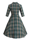 Turn-down Collar Button Up Green Plaid Autumn Winter Clothes Dresses Vintage Robe Women Elegant Swing Dress Retro