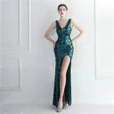 Women Sexy Slit Party Deep V Neck Green Sequin Evening Dress Long Prom Dress