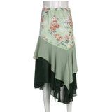 Print Summer Casual Boho Women Sexy High Waist Green Beach Floral Ruffle Long Skirts