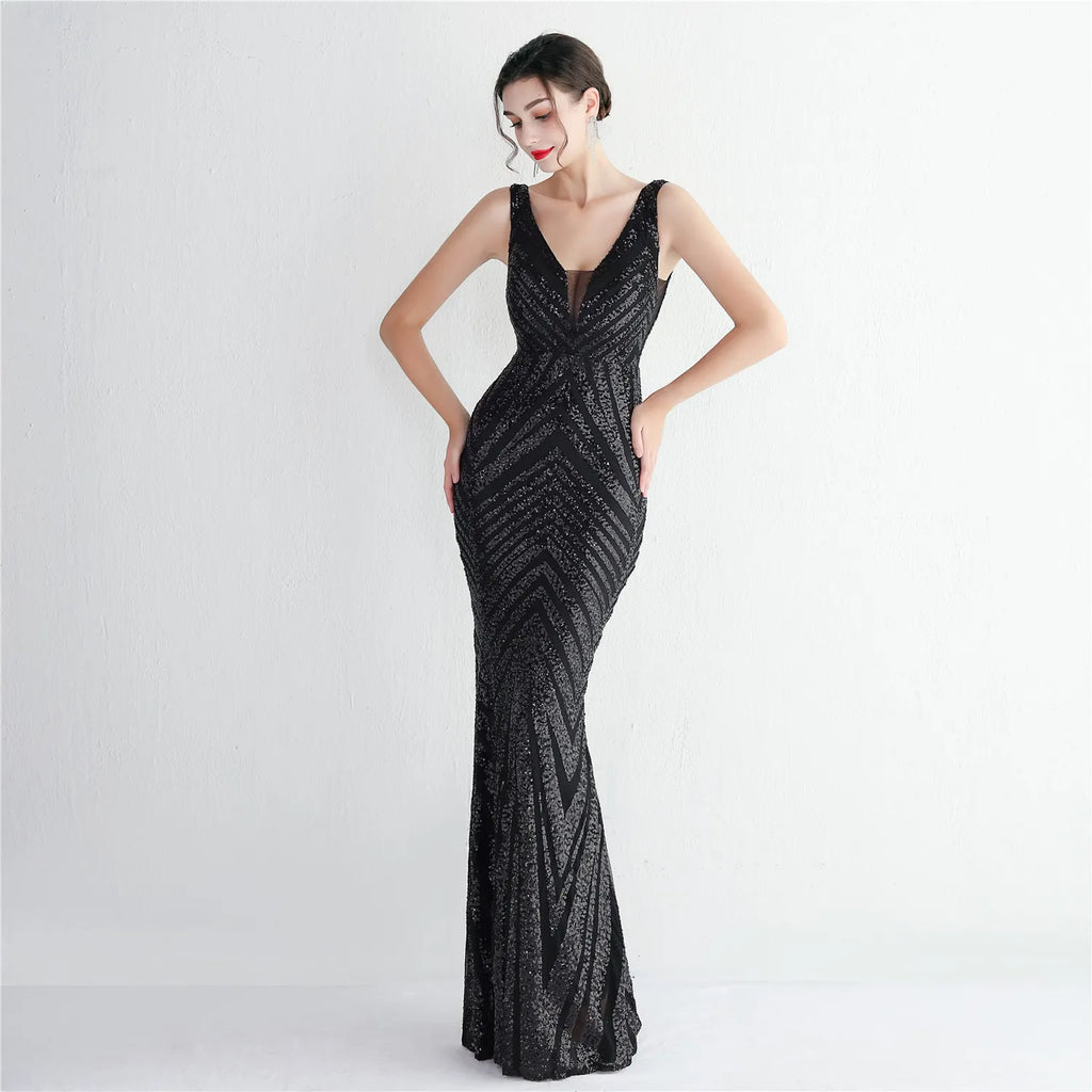 Women Simple Dress Long Prom Dress Deep V Neck Black Sequin Evening Dress Sexy Party Maxi Dress