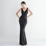 Women Simple Dress Long Prom Dress Deep V Neck Black Sequin Evening Dress Sexy Party Maxi Dress