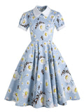 Peter-Pan Collar Daisy Print Floral Elegant Women Vintage Puff Sleeve Rockabilly Cotton Pinup Midi Dresses