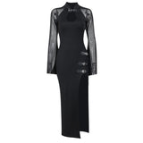 Elegant Sexy Hollow Out Mall Gothic Grunge Mesh Splice Split Party Midi Dress