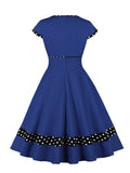 Tonval V-Neck High Waist Red Patchwork Polka Dot Rockabilly Dress for Women Cap Sleeve Knee-Length Cotton Dresses Vintage
