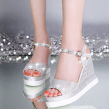 Summer Wedges Shiny Crystal Ankle Strap Platform Sandals Woman Peep Toe High Heels Shoes