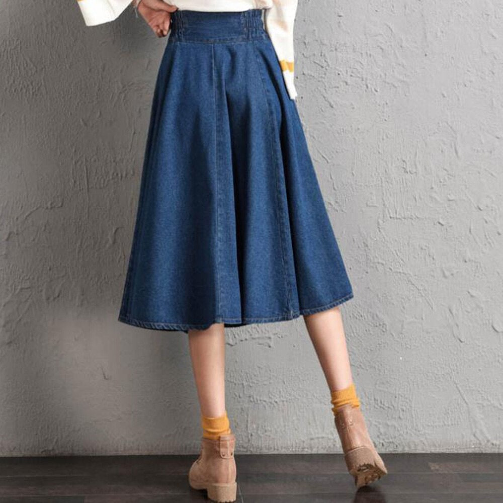 New Women Maxi Denim Long Skirts Casual Solid Korean Style High Waist A-Line Jean Skirts