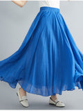 Cotton and Linen Elastic Waist Linen A-line Skirt Long Solid Color Ethnic Dress