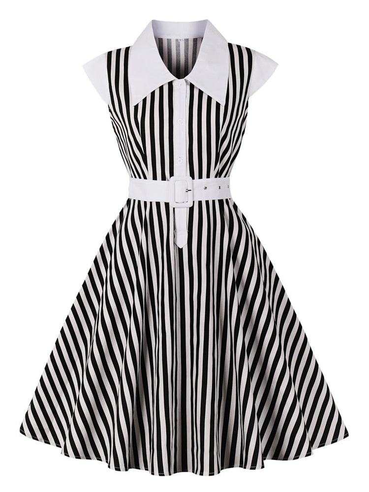 White and Black Striped Vintage 50s Women Turn-Down Collar Button Up Belted Pockets A Line Dress