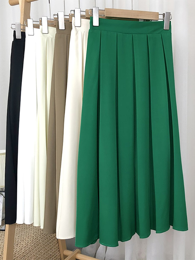 Office Lady Elegant Pleated Skirt Elastic High Waist Solid Casual A Line Midi Skirt