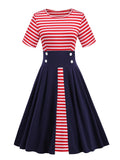 Red Striped and Navy Blue Button High Waist Women Vintage Pleated Short Sleeve O-Neck Retro Midi Dresses