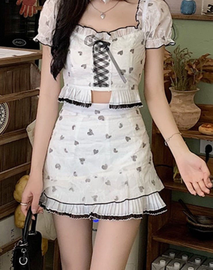 2pcs/set Summer Strappy Bow Sweet Women Midriff Puff Sleeve Kawaii Mini Skirt Set Female Korean Slim Fit Suit
