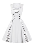 Square Neck White Elegant Double Breasted High Waist A Line Dress Polka Dot Women Cotton Vintage Summer Dresses