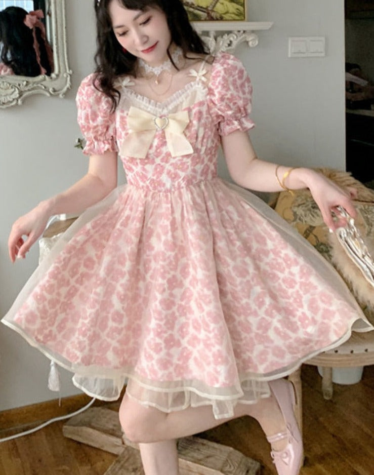 Lace Lolita Print French Y2K Patchwork Sweet Party Mini Pink Bow Summer Floral Kawaii Dress