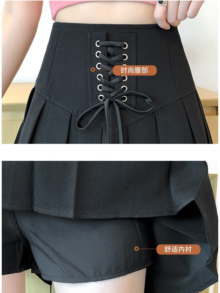 Women Summer High Waist Lace-up Pleated Preppy Style Fashion All-match A-line Mini Skirt