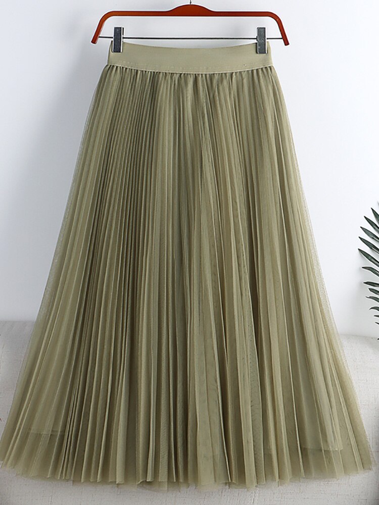 Elegant Tulle Pleated Skirt Summer Women Elastic High Waist Solid Casual Mesh Midi Skirt