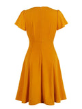 Vintage Bow Tie Neck High Waist Orange Dresses for Women Short Sleeve Elegant Cocktail Fit and Flare Summer Party Dress