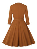 Bow Front Button Up Solid Elegant 3/4 Length Sleeve Spring Autumn Women Vintage Style Belted Swing Dresses
