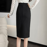 High Waist Women Spring Office Style All-match Black Ladies Elegant Knee-length Skirt