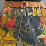 Summer New Ladies Denim Maxi Skirt Loose Pocket Retro Painting Mid-Calf Long Jean Skirt
