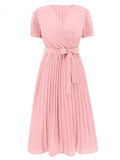 Summer Midi Long Pleated Women Elegant V Neck Puff Short Sleeve Office Ok Workwear Retro Vintage Runway Flare Dress