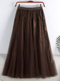 Mid Calf Long Women Metallic Shimmer Tulle Skirt Elastic High Waist Elegant A Line Midi Skirt