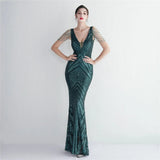 Women Beading Long Prom Deep V Neck Black Sequin Evening Dress Sexy Party Maxi Dress