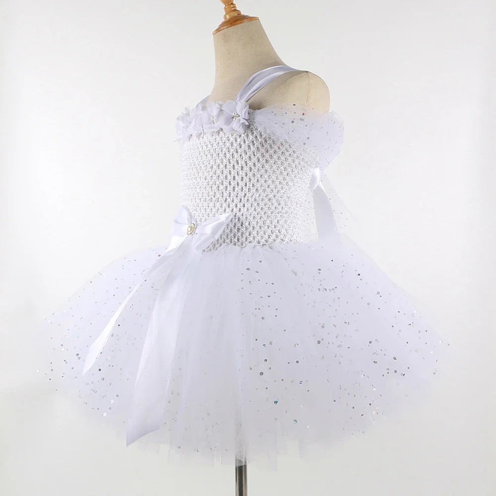 Sparkling White Angel Costumes for Girls Christmas Halloween Dress for Kids Flower Fairy Tutu Outfit with Wings Set Girl Clothes