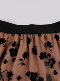 Vintage Floral Flocking Mesh Long Skirt for Women Elastic Waist Elegant Summer Pleated Flare Skirts