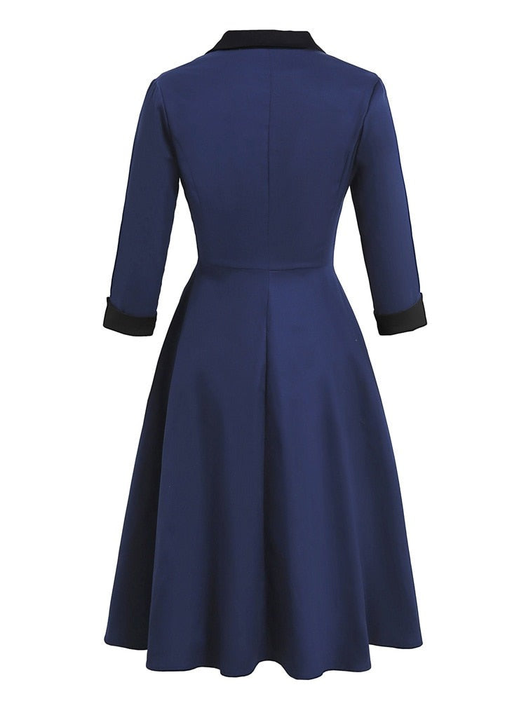 Navy Blue Notched Collar Button High Waist Vintage Robe Women Swing Dress Autumn 3/4 Length Sleeve A-Line Dress