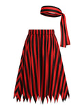 Red and Black Stripes Elastic Waist Gothic Club Clothes Halloween Women Raw Hem Vintage Style A-Line Midi Skirt