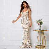 Women Strap Party Maxi Dress Sexy V Neck Evening Dress Gold Sequin Long Prom Dress