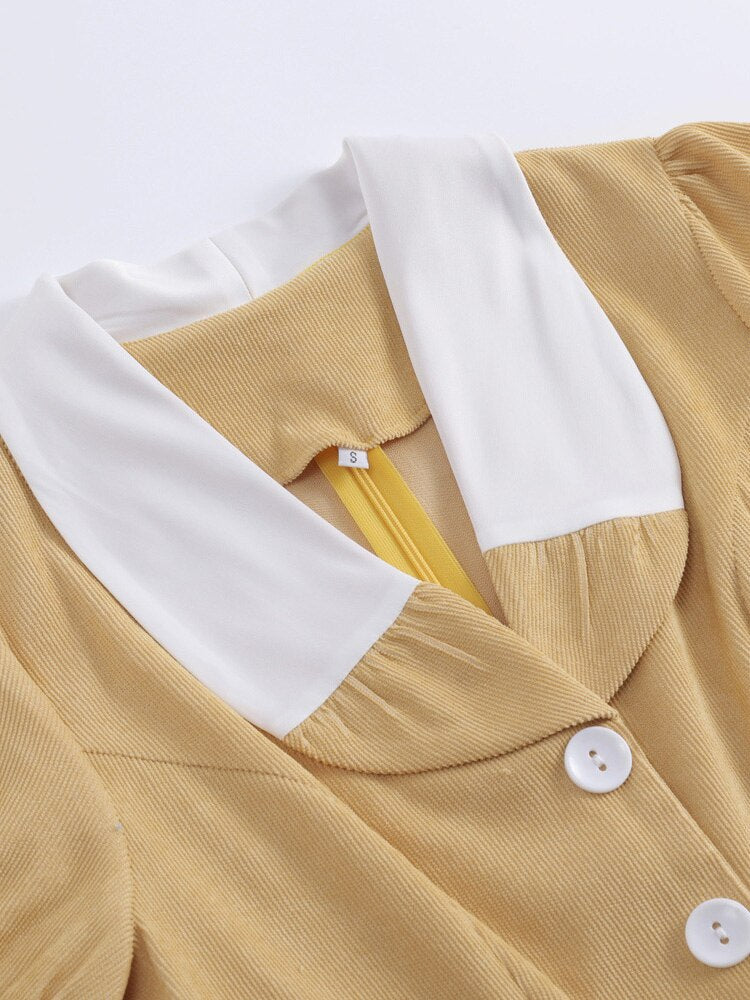 Shawl Collar Buttons High Waist Vintage Corduroy Midi Swing Dress Women Short Sleeve Pocket Side Midi Elegant Dresses