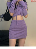 2pcs/set Summer Purple Women Sexy Patchwork Knitted Sweater Set Korean Kawaii Crop Top+mini Skirt