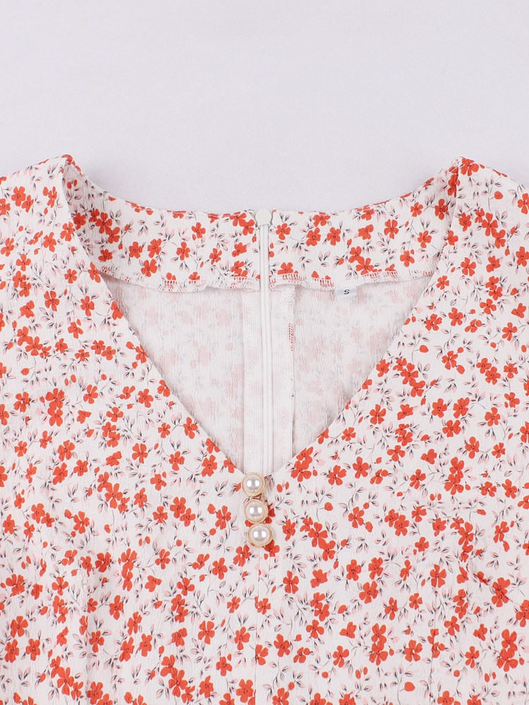 V-Neck Short Sleeve Floral Print 50s Style Summer Button Front High Waist Women Knee Length Swing Dresses