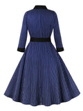 Contrast Collar Blue Striped 3/4 Length Sleeve Fall Dresses for Women Single Breasted Belted Vintage Party Dress
