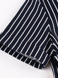 Navy Blue Button Front Striped Vintage Cotton Midi Dresses Women High Waist Pocket Side Pleated Dress