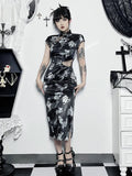 Women Chinese Plum Blossom Cheongsam Short Sleeve Side Slit Brocade Qipao Bodycon Mini Dress