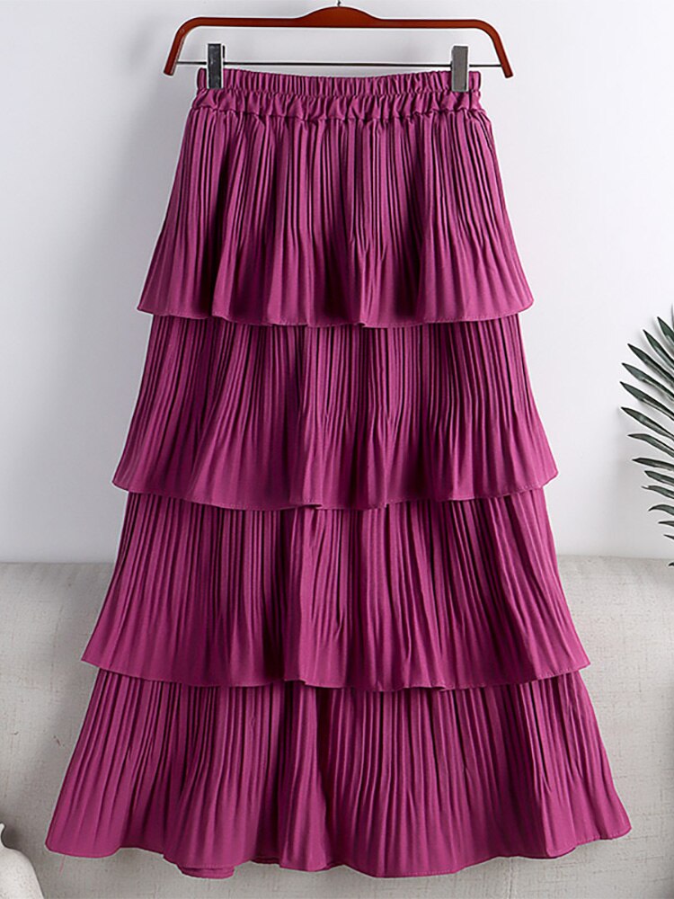 Elastic High Waist Solid Casual Pleated Skirt Elegant Ruffle Tiered Midi Skirt