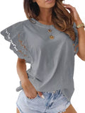 Women Round Neck Stitching Lace Short Sleeve Top Petal Sleeve Tshirts