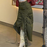 Fairy Grunge Cargo Long High-Waisted Vintage Green Drawstring Women Harajuku Retro Mall Goth Midi Skirt