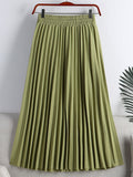 Spring Summer Elastic High Waist Elegant Pleated Skirt Women Solid Casual Midi Long Skirt