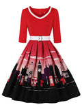 Red Print Elegant 50S Vintage Rockabilly Pleated Dresses Women Autumn Winter Robes Belted Retro Dress