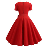 Women Summer Elegant Retro Swing Pinup Casual Short Sleeve Red Party Midi Dresses With Belt