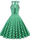 Sleeveless Halter Cocktail Party Dress Green 50S 60S Hepburn Women&#39;s Retro Vintage Pin Up Gowns Polka Dots Print Office Sundress