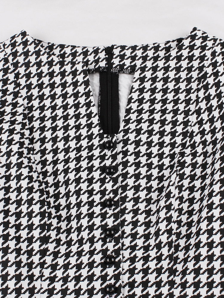 Notch Neck Button Front Houndstooth Cotton Elegant Summer Women Sleeveless Belted A-Line Vintage Dress