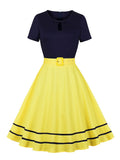 Navy Blue and Yellow Keyhole Front Short Sleeve A-Line Vintage Women Cotton Belted Summer Swing Midi Dress